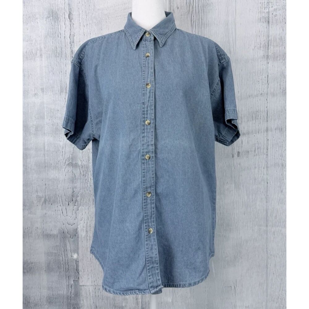 Tri-Mountain Button Up Shirt Womens M Blue Denim Short Sleeve Cotton